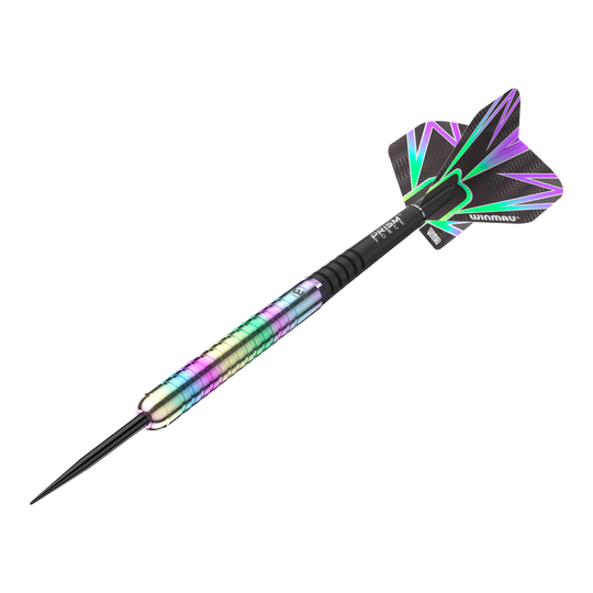 Dardos de acero Winmau Foxfire Urban Das Bild zeigt einen Winmau Foxfire Urban Steeldart mit einem bunten, metallischen Schaft. Die Flights sind schwarz mit auffälligen, farbigen Mustern.