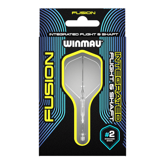 Sistema de eje de vuelo Winmau Fusion estándar transparente Auf dem Bild ist ein Winmau Fusion Flight & Shaft System in einer Verpackung zu sehen. Das Produkt ist durchsichtig und hat die Standardform #2.