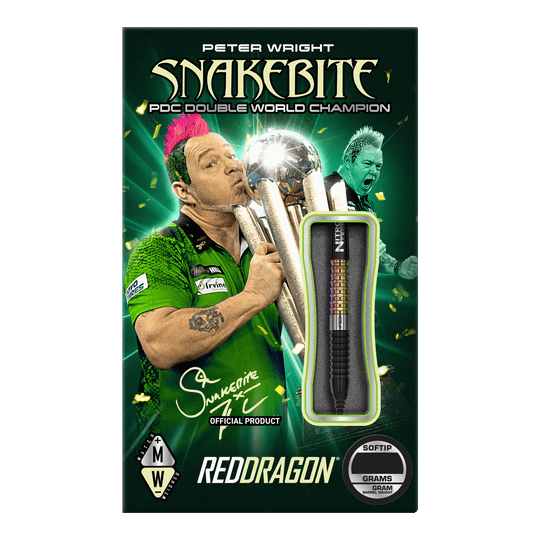 Dardos blandos Red Dragon Peter Wright Corra - 18 g Auf der Verpackung ist der Dartspieler Peter Wright mit einer Trophäe abgebildet. Das Produkt sind die "Red Dragon Peter Wright Corra Softdarts - 18g" mit Softspitze.
