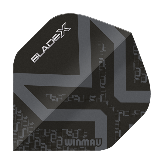 Plumas estándar Winmau Prism Delta Blade X Metallic Black No2 Dies ist ein Winmau Prism Delta Blade X Metallic Black No2 Standard Flights. Man sieht ein hochwertiges Dartflugblatt in schwarzem Metall-Look.