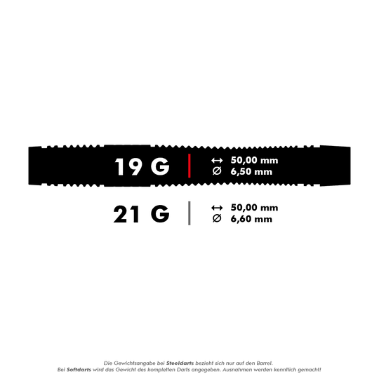 Dardos blandos Target Scope 11 Das Bild zeigt Spezifikationen für Darts mit einem Gewicht von 19 Gramm und 21 Gramm. Die Darts sind jeweils 50,00 mm lang und haben einen Durchmesser von 6,50 mm bzw. 6,60 mm.