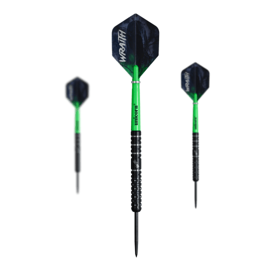 Dardos de acero Unicorn Wraith Callan Rydz - 23 g Dieses Bild präsentiert die Unicorn Wraith Callan Rydz Steeldarts - 23g im Set. Die Verpackung und alle Bestandteile sind zu sehen.