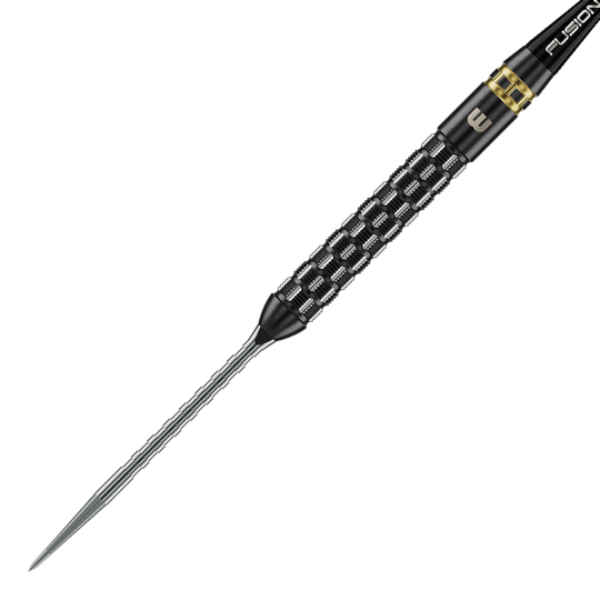 Gezeigt werden Winmau Gian Van Veen TS-PRO Switch Point Steeldarts. Die Darts befinden sich in einer ordentlichen Reihe auf hellem Hintergrund.