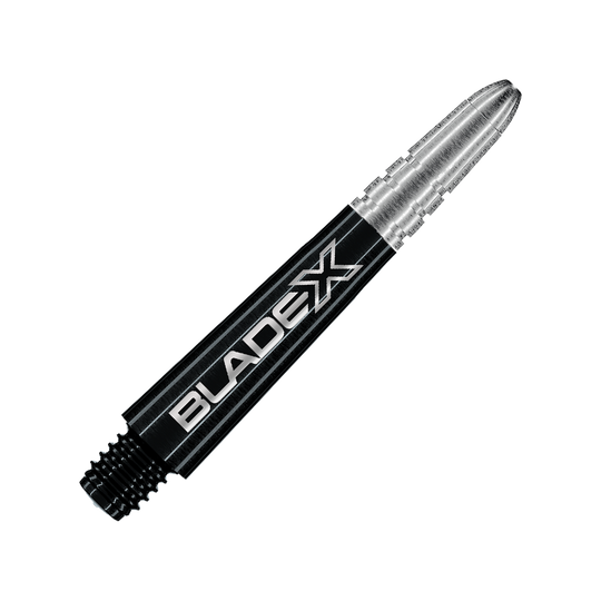 Dargestellt ist ein schwarzer Dartshaft mit dem Namen Winmau Vecta Blade X, 34 mm. Dieses Objekt ist für die Verwendung mit Dartpfeilen gedacht.