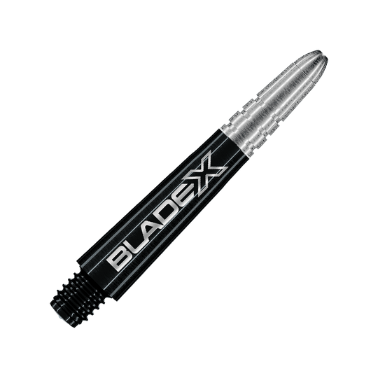 Varilla Winmau Vecta Blade X - Negra Dargestellt ist ein schwarzer Dartshaft mit dem Namen Winmau Vecta Blade X, 34 mm. Dieses Objekt ist für die Verwendung mit Dartpfeilen gedacht.