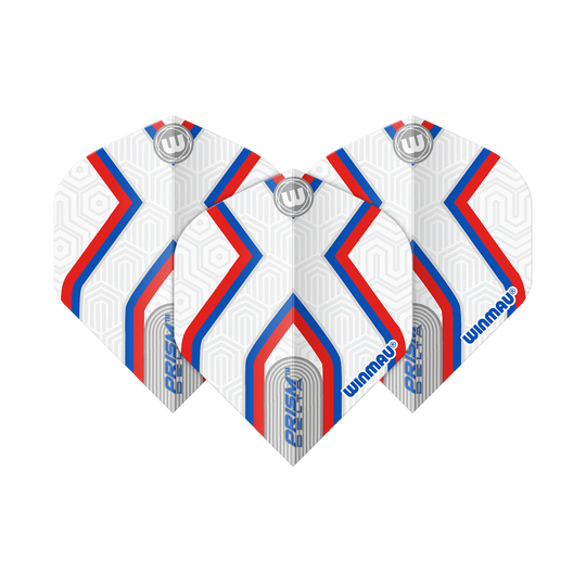 Vuelos estándar Winmau Prism Delta Epix No2 Das Bild zeigt drei Dartflights des Produkts "Winmau Prism Delta Epix No2 Standard Flights". Die Flights sind weiß mit roten und blauen Streifen sowie geometrischem Muster gestaltet.