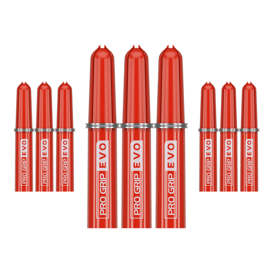 Target Pro Grip EVO Ersatztops (9er Pack) Das Bild zeigt neun rote Ersatztops des Produkts "Target Pro Grip EVO" im 9er Pack. Die Aufschrift "PRO GRIP EVO" ist deutlich auf jedem Top zu sehen.