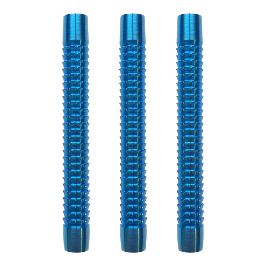 Barriles de dardos blandos McDart Blue Sky Das Bild zeigt drei blaue Softdart-Barrels der Marke McDart Blue Sky. Sie sind nebeneinander angeordnet und haben eine gerillte Oberfläche.