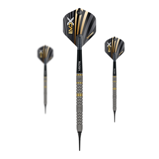 Dardos blandos Winmau Michael Van Gerwen Evo-X - 20g Das Bild zeigt drei Winmau Michael Van Gerwen Evo-X Softdarts mit einem Gewicht von 20g. Die Darts haben ein modernes Design mit schwarzen, goldenen und silbernen Akzenten.
