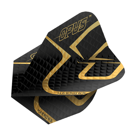 Vuelos de Harrow's Opus versión 2 Das Bild zeigt das Produkt "Harrows Opus Version 2 Flights". Die Flights sind überwiegend schwarz mit goldenen Akzenten und Aufschrift.
