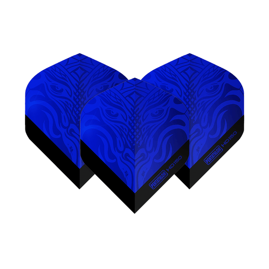 Vuelos estándar Pentathlon HD150 azul metalizado Das Bild zeigt drei blaue Dart-Flights mit einem metallischen Muster und der Aufschrift "Pentathlon HD150". Die Flights haben eine standardmäßige, robuste Form und glänzen in einem auffälligen Blau.