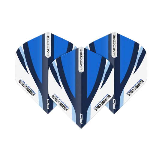 Vuelos estándar Red Dragon Hardcore Luke Humphries Azul Blanco Das Bild zeigt drei Dartflights in Blau, Weiß und Schwarz mit der Aufschrift „HARDCORE“ und „Luke Humphries World Champion“. Es handelt sich um das Produkt „Red Dragon Hardcore Luke Humphries Blue White Standard Flights“.