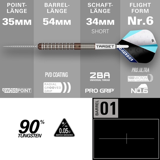 Dardos Steeldarts Target Adam Lipscombe Swiss Points - 25 g Auf dem Bild sind Target Adam Lipscombe Swiss Points Steeldarts dargestellt. Diese Darts sind speziell für professionelle Anforderungen entwickelt.