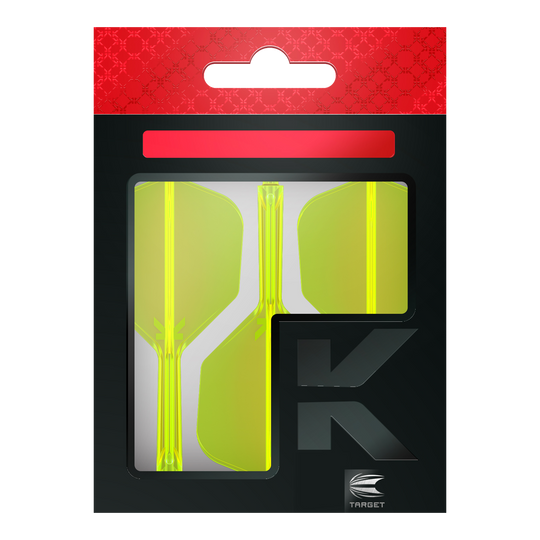 Sistema de vuelo Target K-Flex No6 - Amarillo neón Die Abbildung zeigt eine Verpackung mit neon-gelben Dartflights. Die Verpackung ist überwiegend schwarz mit einem roten Bereich oben und dem Logo „TARGET“ unten rechts.