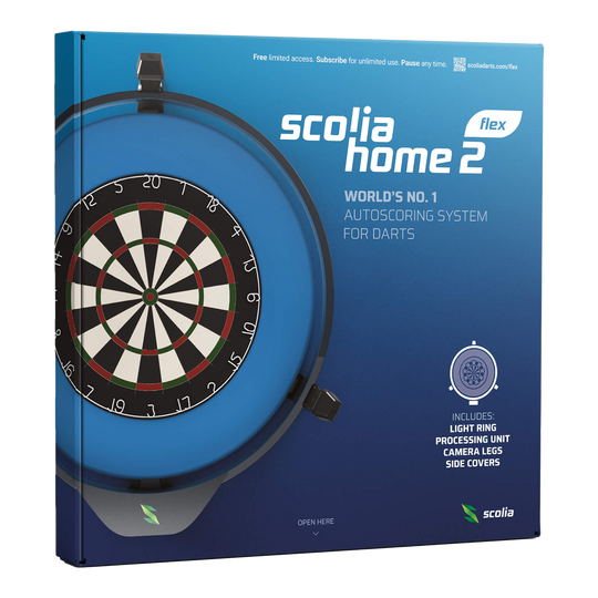 Scolia Home 2 FLEX - Sistema electrónico de puntuación automática con anillo de iluminación 2026 Die Verpackung zeigt das Produkt "Scolia Home 2 FLEX", ein elektronisches Punktesystem für Darts mit Beleuchtungsring. Auf der Vorderseite sind eine Abbildung eines Dartboards und Informationen zu den enthaltenen Komponenten zu sehen.