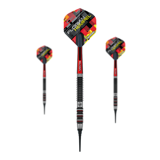 Dardos blandos Winmau Florian Hempel - 21g Das Bild zeigt drei Winmau Florian Hempel Softdarts mit einem Gewicht von 21g. Die Darts haben rote, schwarze und silberne Details sowie ein auffälliges Flights-Design.