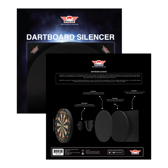 Silenciador de diana Bulls NL Das Bild zeigt das Produkt "Bulls NL Dartboard Silencer" in seiner Verpackung. Auf der Rückseite ist eine Grafik abgebildet, die die einzelnen Komponenten und deren Funktionen erklärt.
