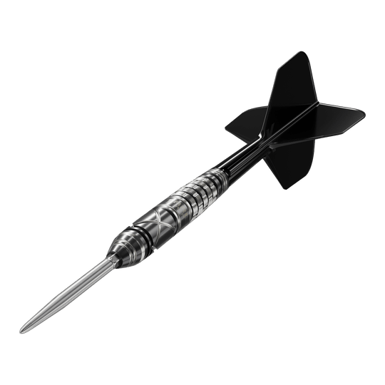 Dardos de acero Target Japan Black Marque Chaos 2 SP Das Bild zeigt einen Target Japan Black Marque Chaos 2 SP Steeldart. Der Dart hat ein elegantes, schwarzes Design mit präzisen Rillen am Griff.