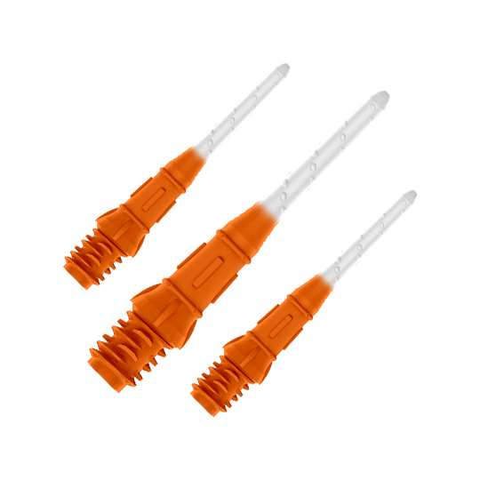 Labios de punta bicolor premium estilo L (paquete de 30) Das Bild zeigt drei orange-weiße Dartspitzen in einer Reihe. Die Spitzen sind zum Teil orange und werden nach vorne hin durchsichtig.