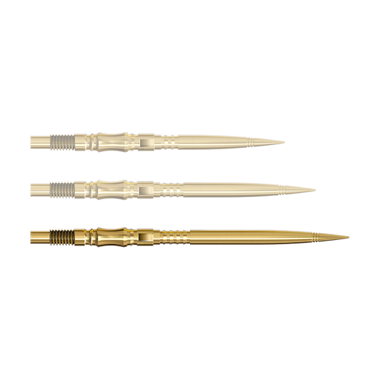 Puntas de dardo Harrows Quick Point Axis Elite Series - Oro Eine einzelne Dartspitze in Gold ist von nahe gezeigt. Die Spitze ist nach rechts ausgerichtet.