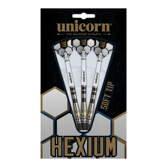 Dardos blandos Unicorn Hexium Style 01 negros y dorados - 22 g Abgebildet sind Unicorn Hexium Style 01 Black & Gold Softdarts mit 22 Gramm. Diese Softdarts haben ein auffälliges Schwarz-Gold-Design.