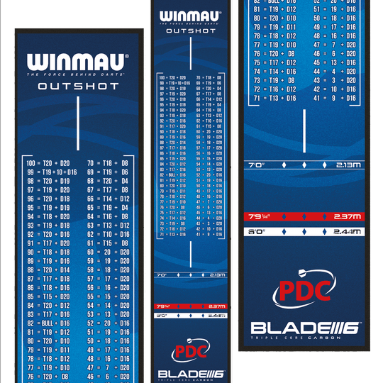 Tapete de dardos Winmau Outshot Das Bild zeigt die Winmau Outshot Dartmatte 2024 in Blau mit Tabellen für Checkout-Werte beim Dartspiel. Unten auf der Matte sind Markierungen für verschiedene Distanzen und das PDC-Logo zu sehen.