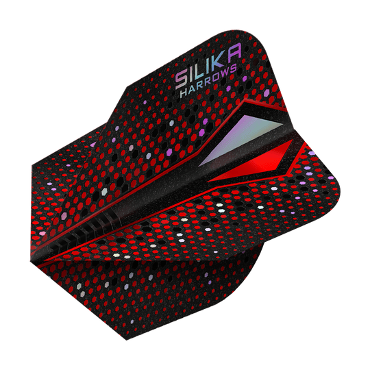 Plumas Harrows Silika Colourshift Tough Crystalline Coating Red-X No6 Das Bild zeigt das Produkt "Harrows Silika Colourshift Tough Crystalline Coating Red-X No6 Flights". Die Dart-Flights sind überwiegend schwarz mit roten und bunten Punkten und haben einen modernen, glänzenden Look.