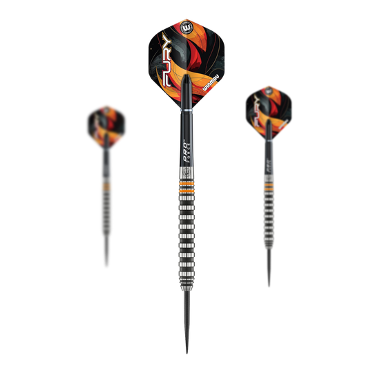 Dardos de acero Winmau Fury - 22 g Das Bild zeigt die Winmau Fury Steeldarts mit einem Gewicht von 22g. Diese Darts sind für Steeldartspieler geeignet.