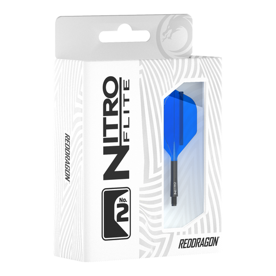 Plumas Red Dragon Nitroflite - Eje negro, color azul, n.° 2 Die Verpackung zeigt das Produkt "Red Dragon Nitroflite - Black Shaft Blue No2 Flights". Im Sichtfenster ist ein blauer Dart-Flügel mit schwarzem Schaft zu sehen.