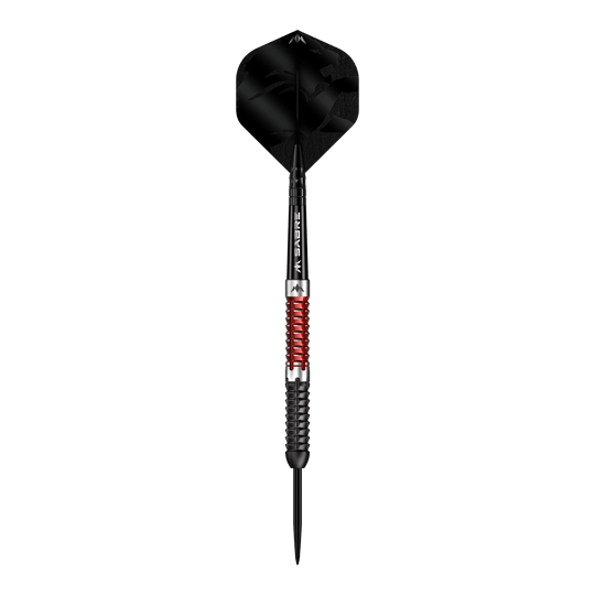 Dardos Mission Llew Bevan de acero electroacústico negro y rojo - 23 g Abgebildet ist der Mission Llew Bevan Black Red Electro Steeldarts in 23g. Der Dartpfeil ist schwarz und rot gestaltet.