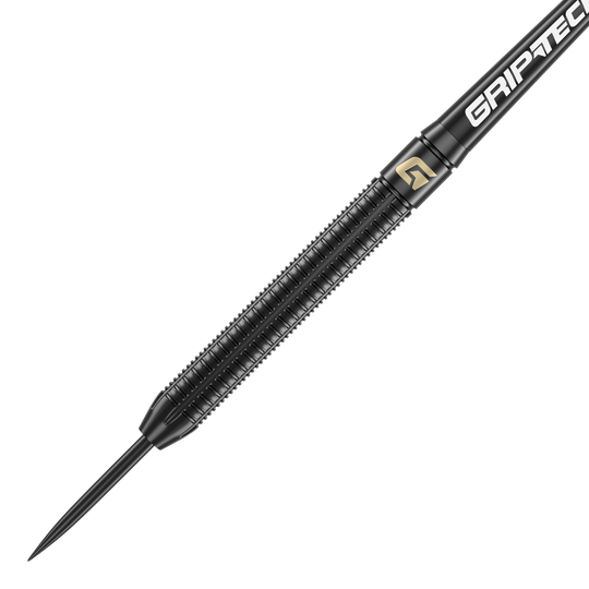 Dardos de acero GOAT Athlete de latón negro - 13 g Das Bild zeigt einen schwarzen Steeldart mit dem Namen "GOAT Athlete Black Brass Steeldarts - 13g". Der Dart hat eine geriffelte Oberfläche für besseren Halt und trägt den Schriftzug "GRIP-TEC".