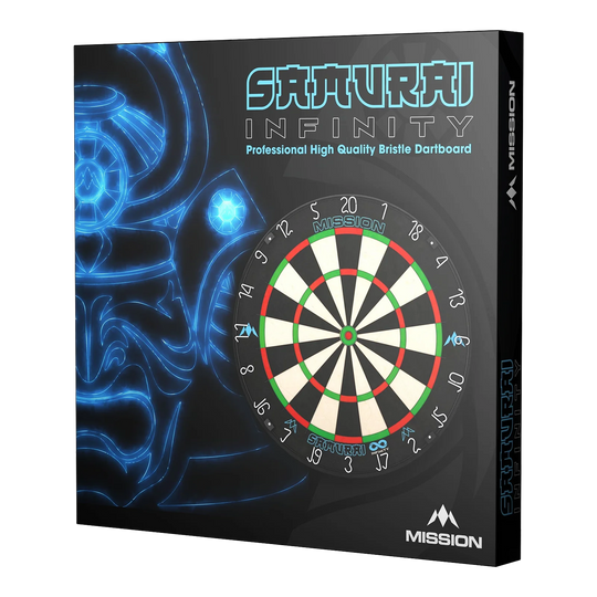Diana de dardos de acero Mission Samurai Infinity Auf dem Bild ist die Verpackung des "Mission Samurai Infinity Steeldartboard" zu sehen. Die Box zeigt eine Abbildung eines Dartboards und ein leuchtendes Samurai-Motiv im Hintergrund.