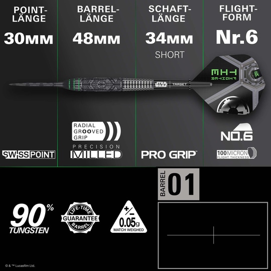 Die Target Star Wars Tie Fighter Swiss Point Steeldarts sind hier abgebildet. Diese Dartpfeile sind von einem Tie Fighter aus Star Wars inspiriert.