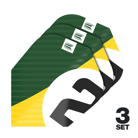 Plumas Target Pro Ultra Chicane Green No6 - 3 juegos Das Bild zeigt drei Sätze der Target Pro Ultra Chicane Green No6 Flights. Die Flights sind in den Farben Grün, Gelb, Weiß und Schwarz gestaltet.