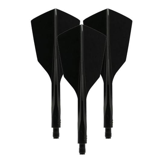 Sistema de vuelo Condor Ax 120 Negro - Estrecho Das Bild zeigt drei schwarze, schmale Dartflights des Modells "Condor Axe 120 Flight-System". Sie sind nebeneinander mit der Spitze nach unten ausgerichtet.