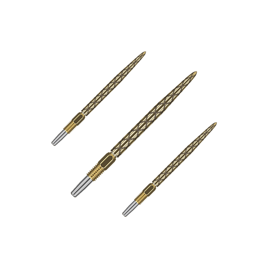 Puntas de dardos Target Swiss Diamond Pro Gold Goldene Dartspitzen mit matter Struktur liegen nebeneinander. Das Set ist auf einem hellen Hintergrund platziert.