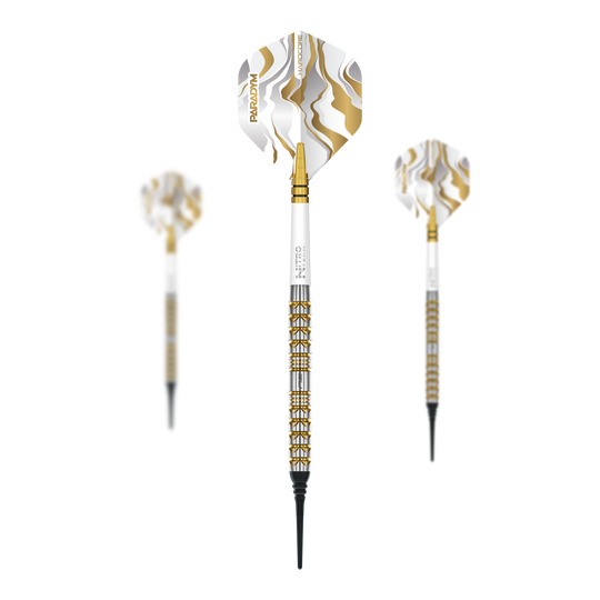 Abgebildet ist ein Set der Red Dragon Paradym Gold Parallel Softdarts - 20g. Das Set besteht aus mehreren goldenen Darts.