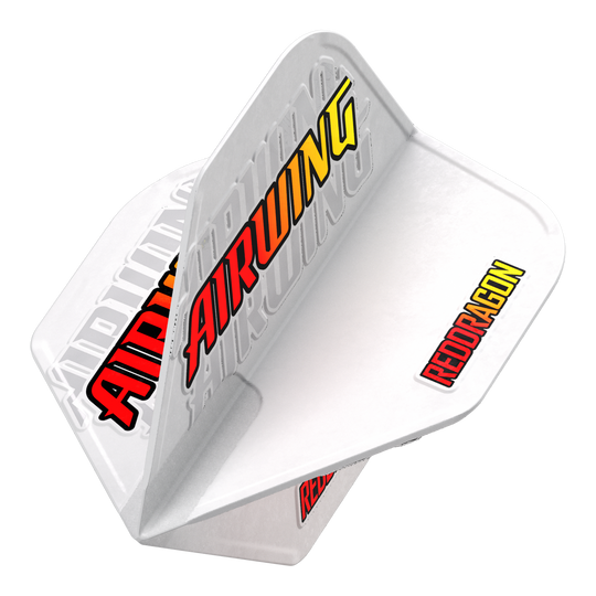 Vuelos estándar del Red Dragon Airwing Red Logo Das Bild zeigt das Produkt "Red Dragon Airwing Red Logo Standard Flights" für Darts. Die Flights sind weiß mit den auffälligen Schriftzügen "AIRWING" und "REDDRAGON" in rot und gelb.