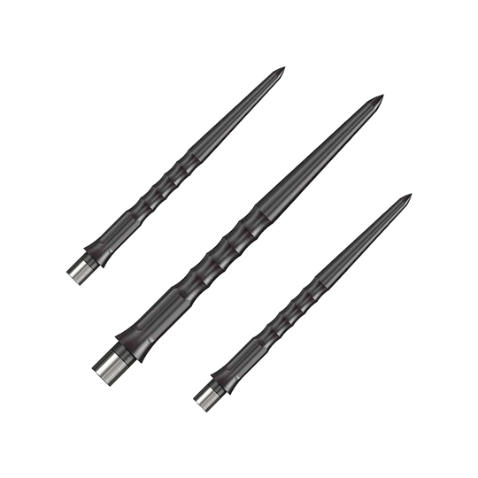 Puntas Steeldart del sistema Caliburn - Ondulada - Sin labio - Negras Das Bild zeigt drei schwarze Steeldartspitzen mit einer gerippten Oberfläche. Die Spitzen sind schlank und haben eine Länge von 32 mm.