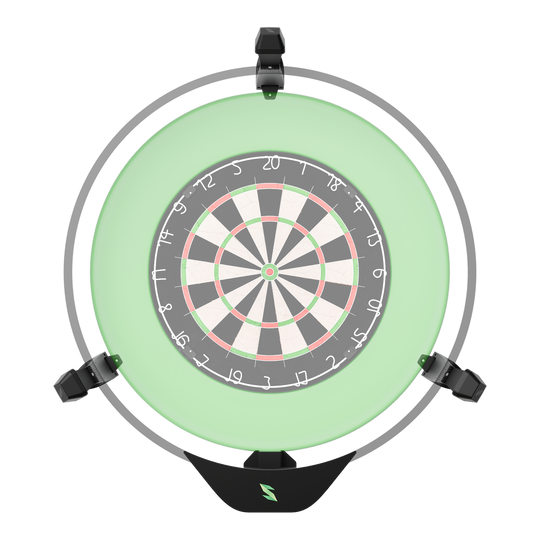 Sistema electrónico de autocalificación Scolia Home 2 2026 Das Bild zeigt das Scolia Home 2 Electronic Score System, das auf eine Dartscheibe gerichtet ist. Ein rundes, grünes Lichtring-System umrahmt die Dartscheibe.