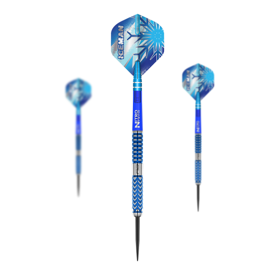 Dardos de acero Red Dragon Gerwyn Price Glacier Das Bild zeigt die "Red Dragon Gerwyn Price Glacier Steeldarts" mit blauen Akzenten und eisigem Design. Die Darts haben auffällige Flights mit dem Schriftzug "ICEMAN" und Schneeflockenmuster.