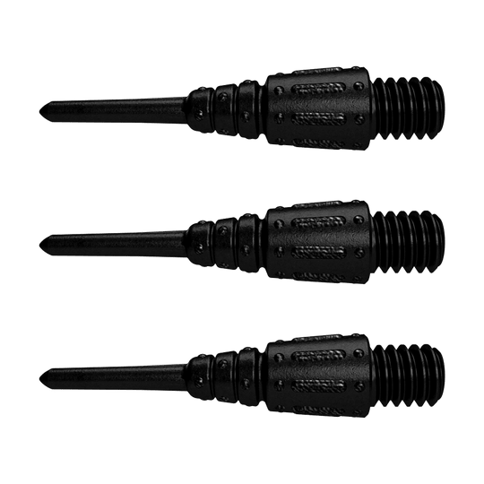 UN40080-Unicorn-Epic-Soft-Tip-Points-Black-0 Das Bild zeigt drei schwarze Soft-Tip Spitzen für Dartpfeile. Es handelt sich um das Produkt "Unicorn Epic Soft Tip Points Black - 100er Pack".