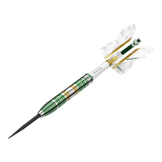 Dardos de acero Winmau Xenon Das Bild zeigt einen Winmau Xenon Steeldart. Der Dartpfeil hat ein silbernes Design mit grünen und goldenen Ringen sowie weißen Flights.
