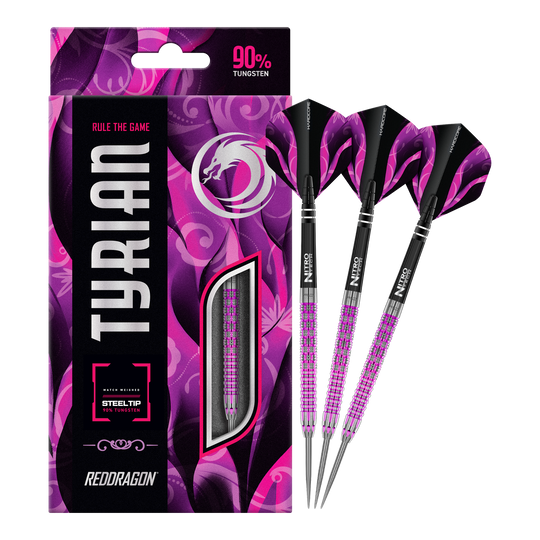 Dardos de acero de Tyrian del Red Dragon Das Bild zeigt die Red Dragon Tyrian Steeldarts mit auffälligem lila und pinkem Design. Die Darts bestehen zu 90% aus Tungsten und sind in einer stilvollen Verpackung präsentiert.
