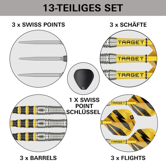 Dardos de acero Target Buzz 03 Swiss Points Auf diesem Bild sieht man die Target Buzz 03 Swiss Points Steeldarts. Sie sind für ambitionierte Dartspieler geeignet.
