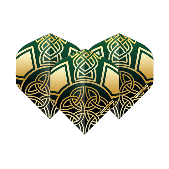 Winmau Prism Delta Brendan Dolan Celtic Knot Black Gold No2 Vuelos estándar Zu sehen sind die Winmau Prism Delta Brendan Dolan Celtic Knot Black Gold No2 Standard Flights. Diese Darts-Flights haben ein schwarzes und goldenes keltisches Knoten-Design.