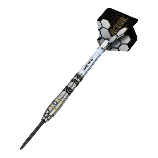 Dardos de acero Unicorn Hexium Style 01 negros y dorados Hier sieht man die Unicorn Hexium Style 01 Black & Gold Steeldarts. Die Darts haben eine Kombination aus schwarzen und goldenen Elementen.