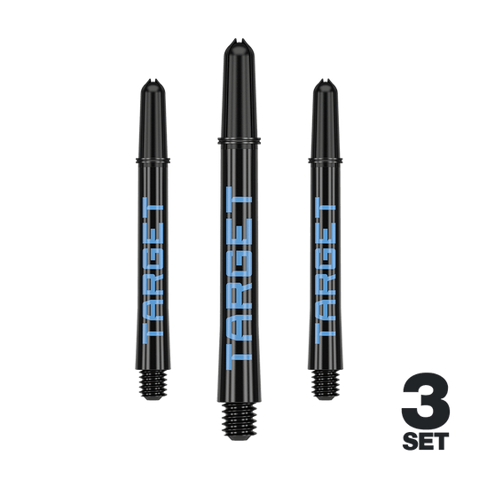 Varillas Target Pro Grip TAG - 3 juegos - Negro y azul Das Bild zeigt drei schwarze Dartschäfte mit blauer "TARGET"-Aufschrift. In der rechten unteren Ecke steht "3 SET".