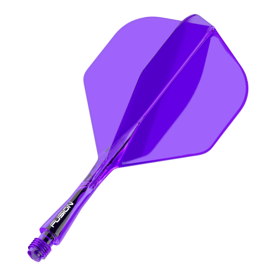 Auf dem Bild ist ein lila Dart-Flight mit Shaft zu sehen. Das Bauteil ist transparent und hat eine Standardform.