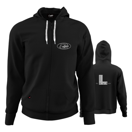 Sudadera con capucha estilo L, color negro Der "L-Style Hoodie - Schwarz" ist ein schwarzer Kapuzenpulli mit Reißverschluss und weißen Kordeln. Auf der Vorderseite befindet sich ein kleines "L-Style"-Logo, während auf der Rückseite ein großes "L style"-Design zu sehen ist.
